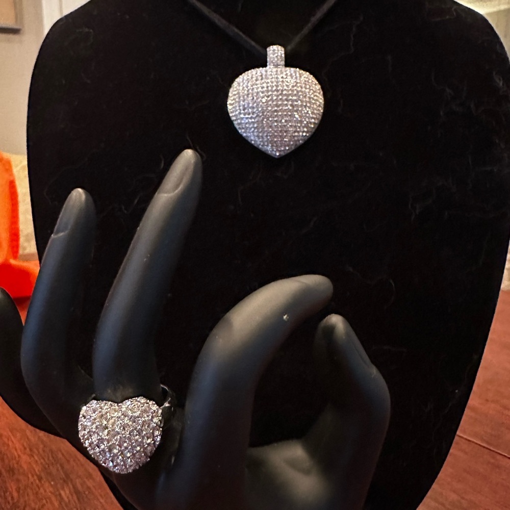 Pave’ crystal heart necklace and ring. Excellent condition.
